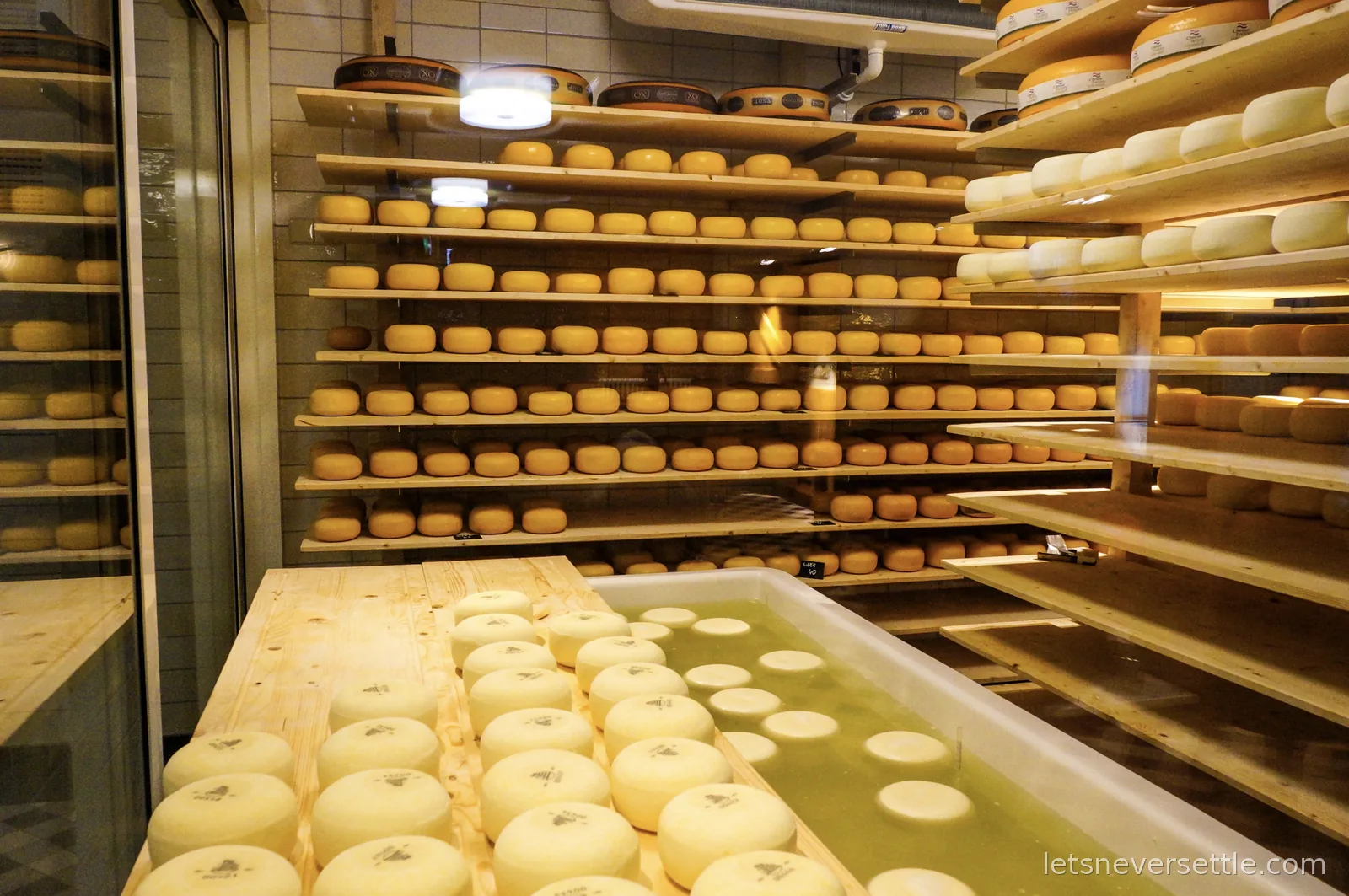 A maturing room with wooden shelves full of yellow cheese wheels and young cheeses floating in a brine bath