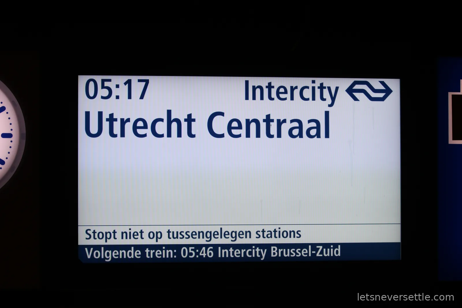 A Dutch railways departure screen reading 05:17 Intercity Utrecht Centraal