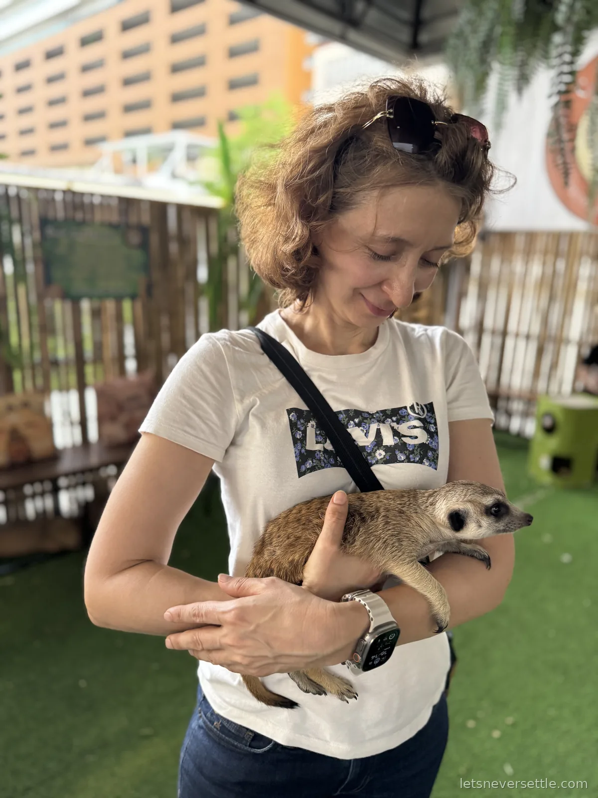 Inga holding a meerkat in the crook of her arm like a baby, looking down at it and smiling