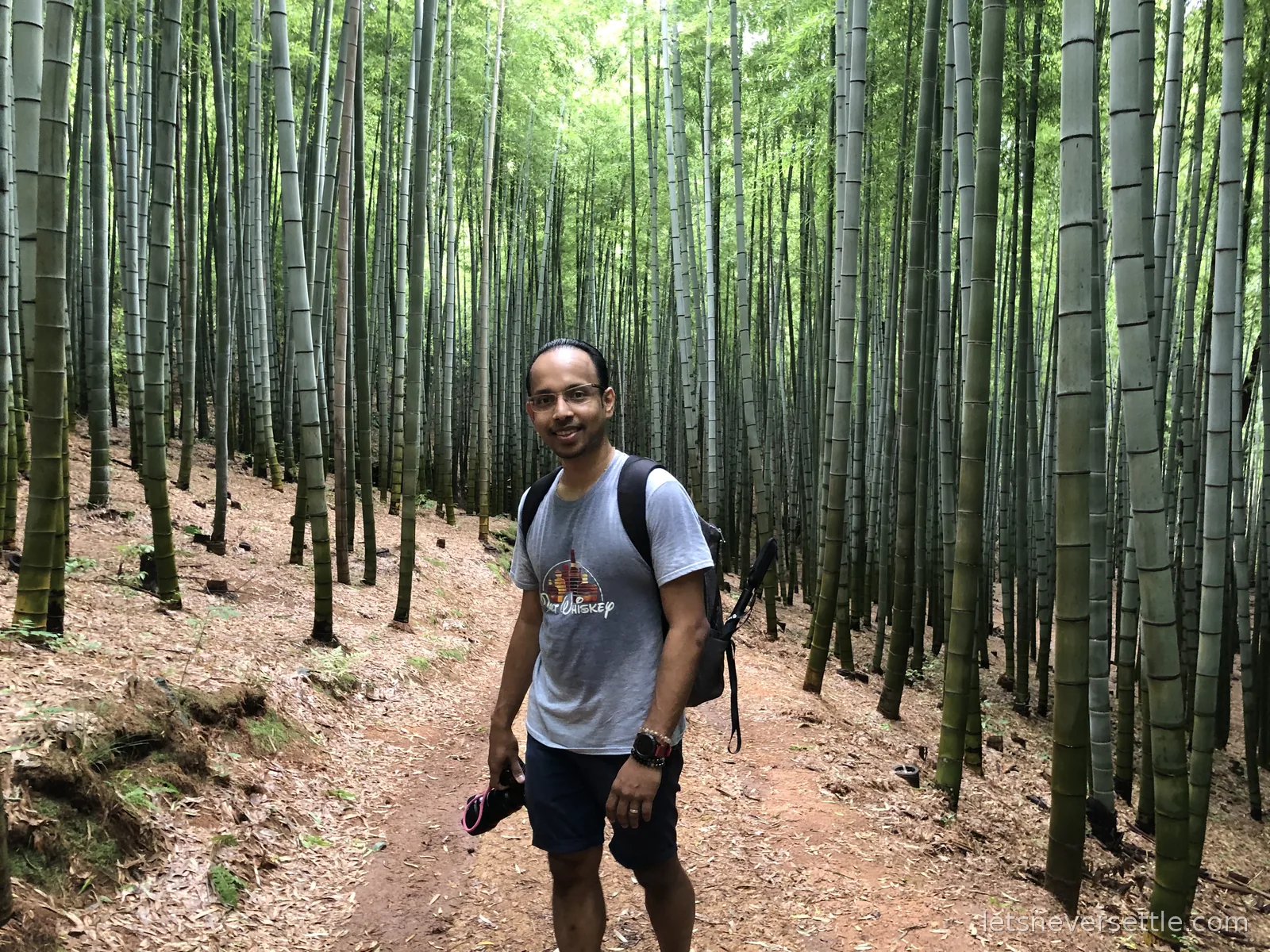 Dileep smiling on a dirt path through a dense bamboo forest, tall green stalks on every side