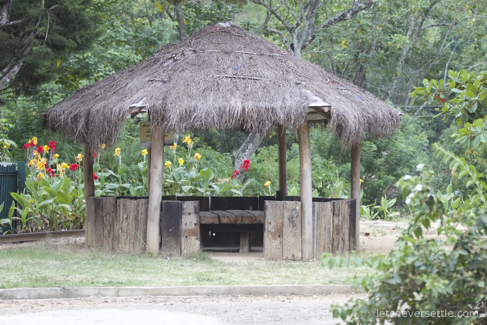 Round thatched shelter on timber posts surrounded by red and yellow canna flowers