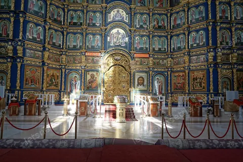 The blue and gold iconostasis inside Zenkov Cathedral in Almaty