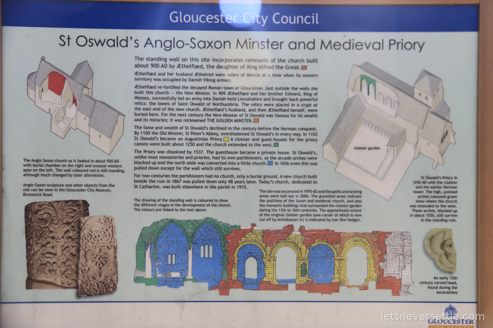 Gloucester City Council information board about St Oswald's Anglo-Saxon Minster and Medieval Priory, with reconstruction drawings of the church through the centuries