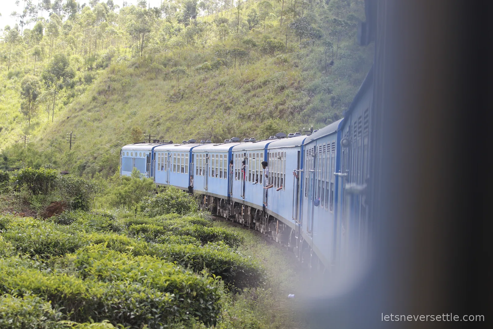 Blue carriages curving around a hillside cutting with passengers leaning out of the doorways above tea bushes