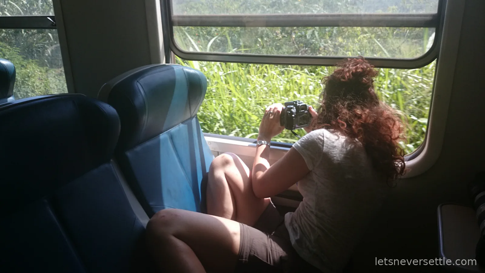 Inga photographing the trackside greenery through the open window of a train carriage