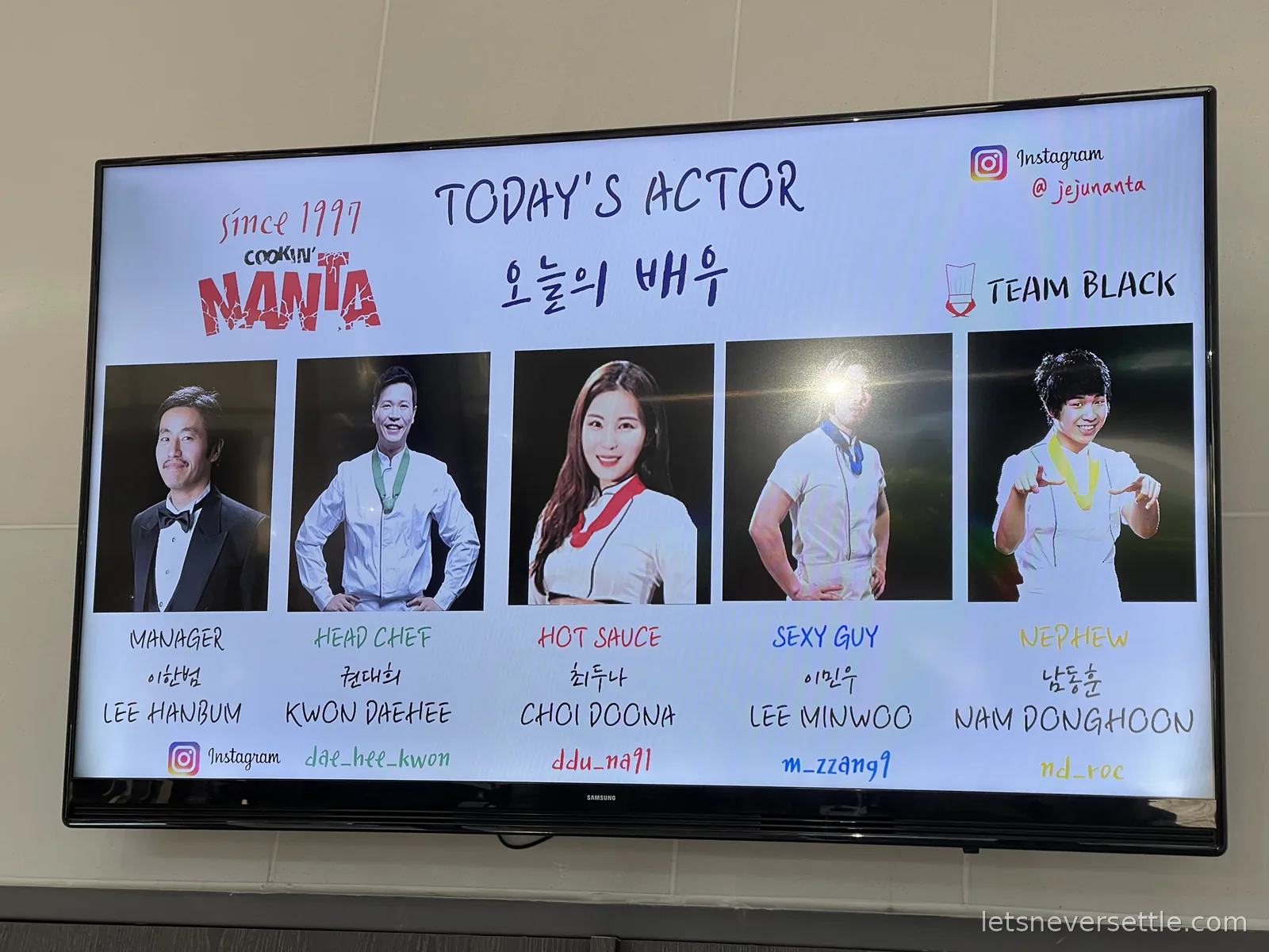 A lobby screen at the Jeju NANTA theatre showing the five cast members of the day's Cookin NANTA performance with their character names