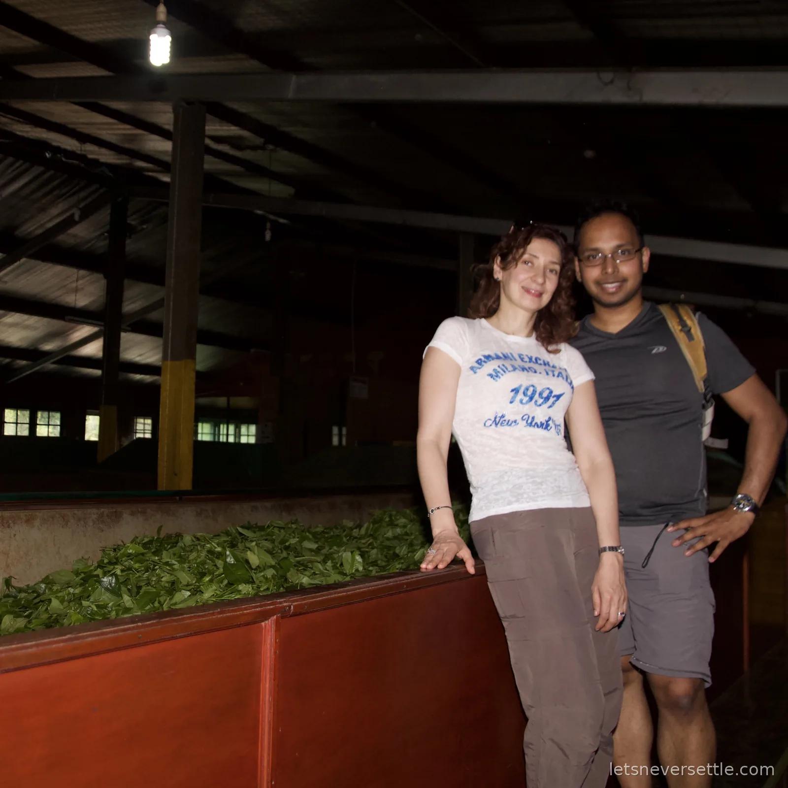 Inga and Dileep standing together beside a withering trough piled with green tea leaves in the factory