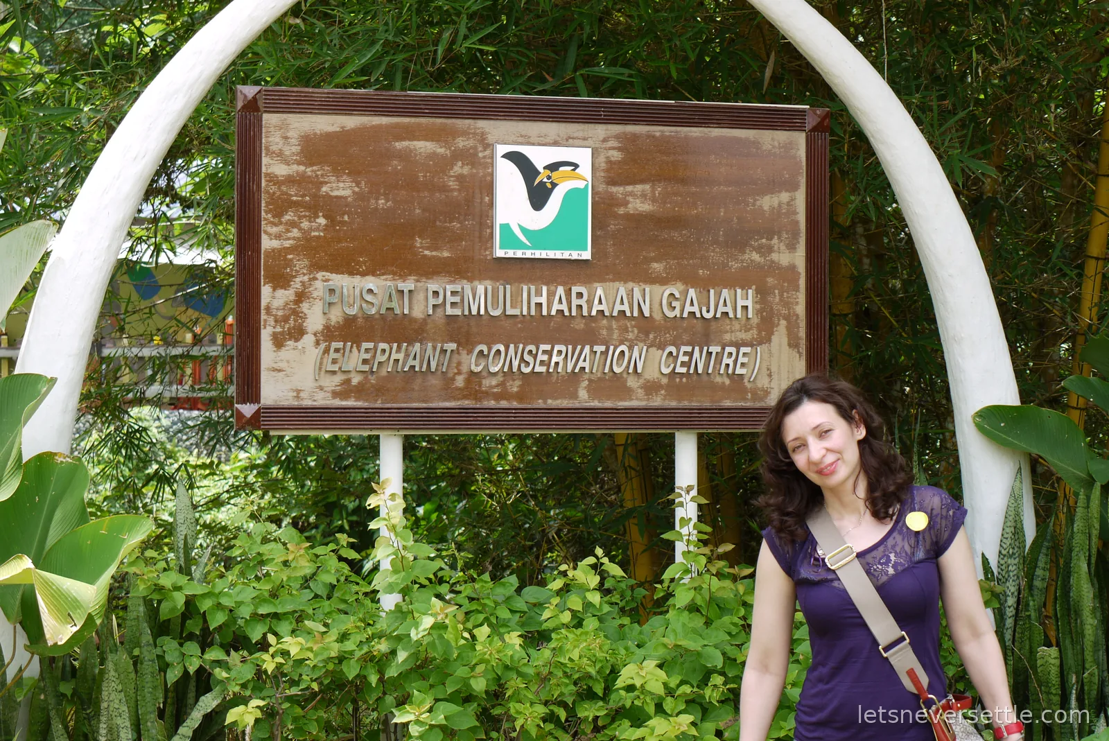Inga standing beside the Pusat Pemuliharaan Gajah elephant conservation centre sign at Kuala Gandah