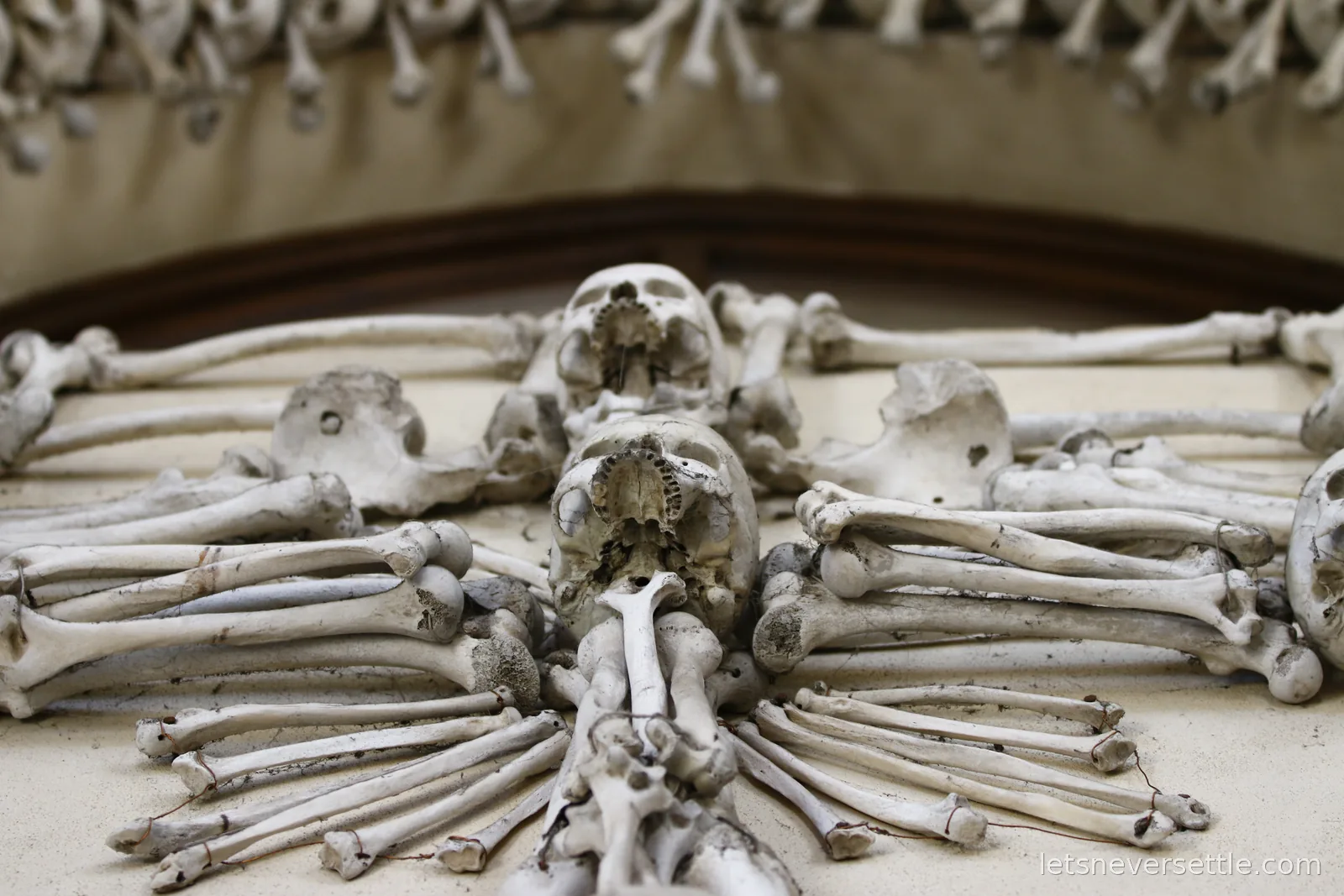 A rosette of long bones, skulls and hip bones radiating from a wall in the Sedlec Ossuary