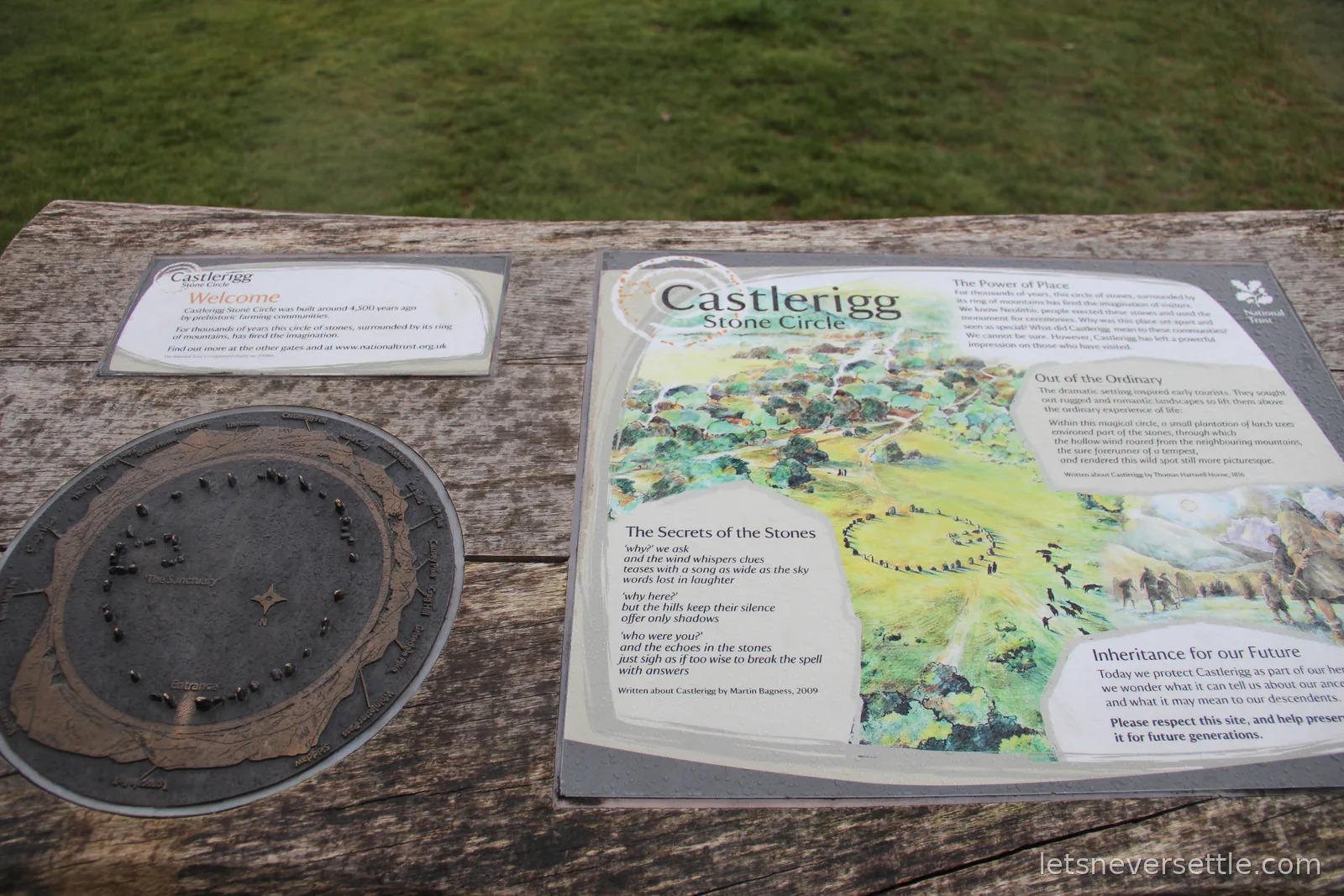 National Trust information board for Castlerigg Stone Circle with a bronze relief map of the stones on a wooden lectern