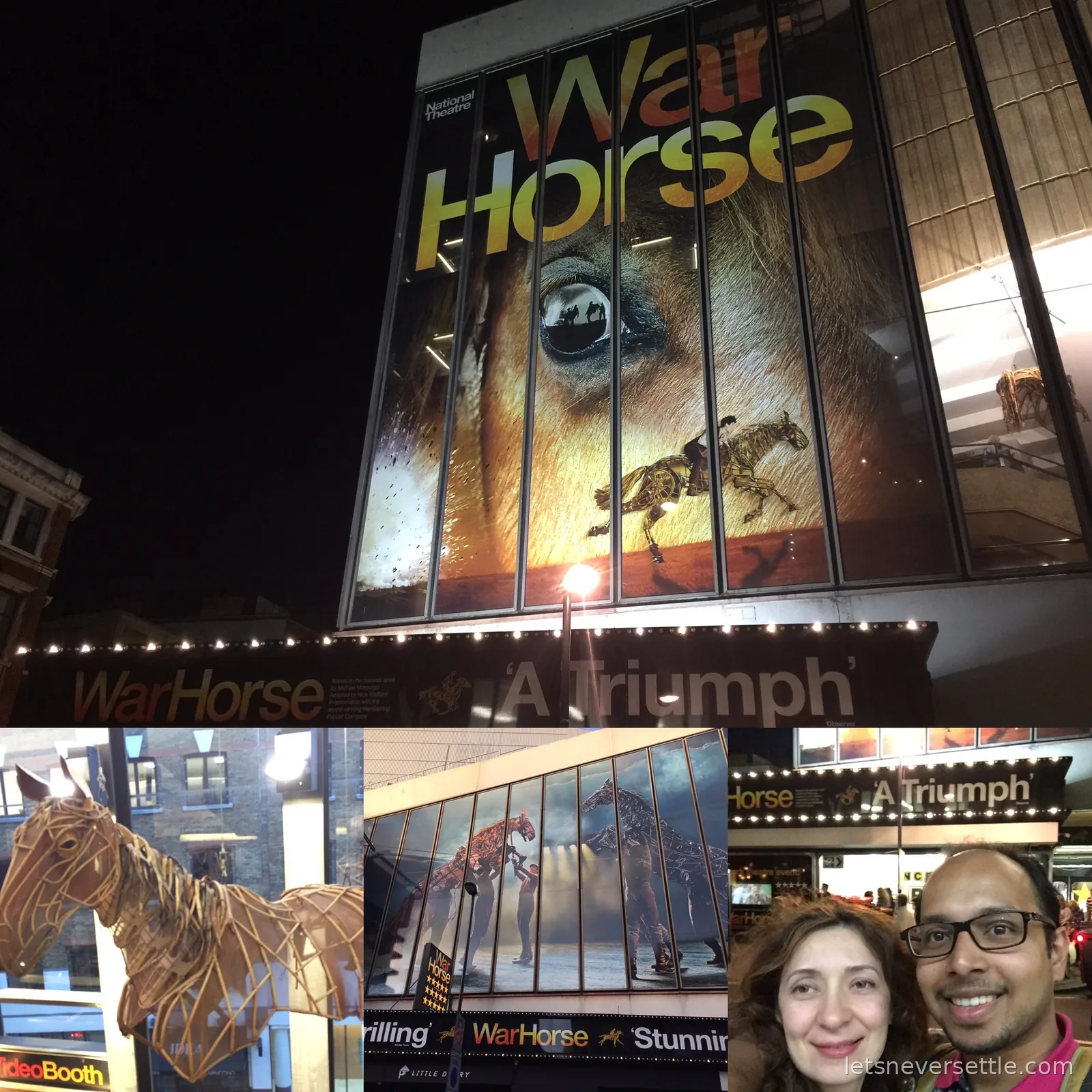 Collage from a War Horse theatre night in London: the poster, the horse puppet on stage, and a selfie of Inga and Dileep