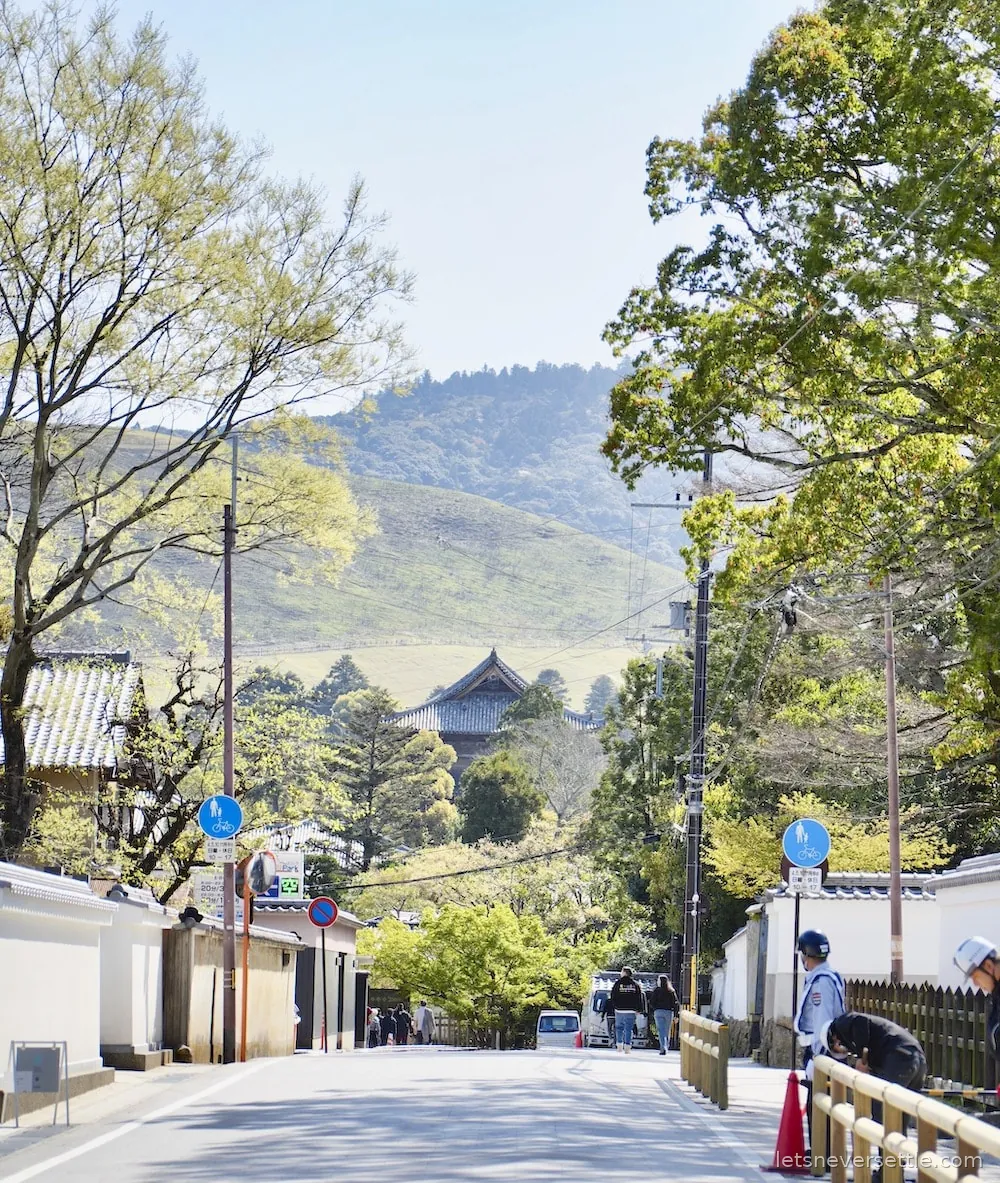 A quiet road in Nara lined with white walls and trees, leading towards green hills with a temple roof in the distance