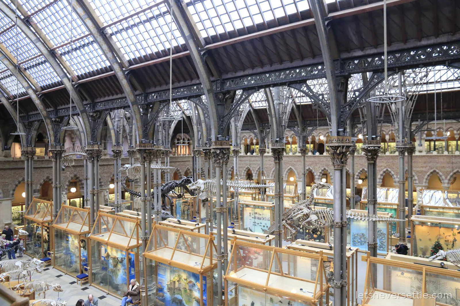 The main court of the Oxford University Museum of Natural History, dinosaur skeletons among display cases under a Victorian glass roof held up by slender iron columns