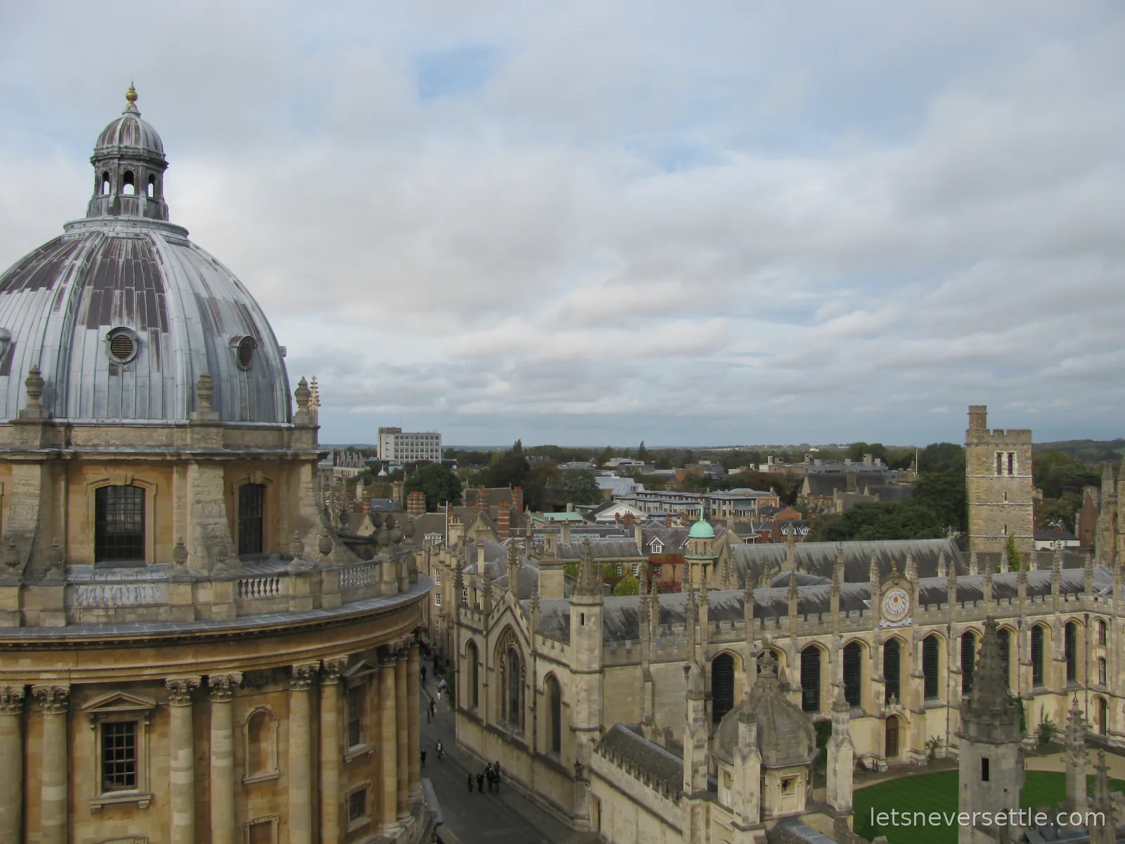 View from the tower of the University Church over the dome of the Radcliffe Camera and the quad of All Souls College in Oxford