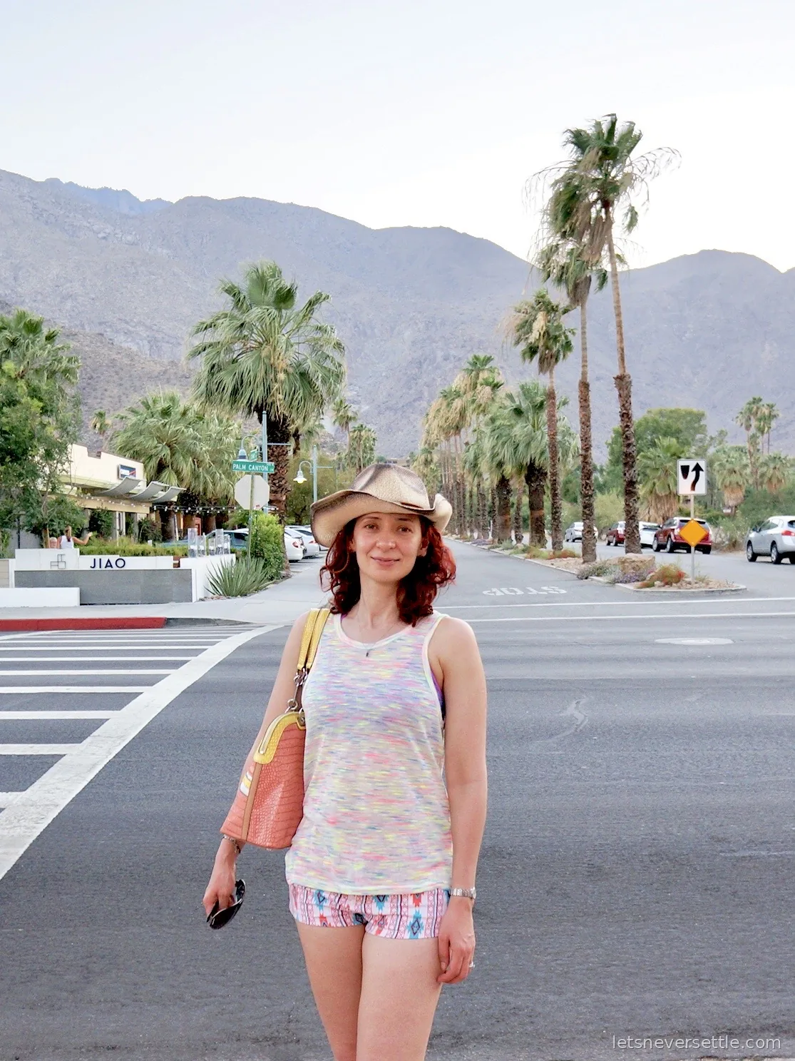 Inga in a cowboy hat at a crossing on Palm Canyon Drive, palms lining the road and the San Jacinto mountains behind