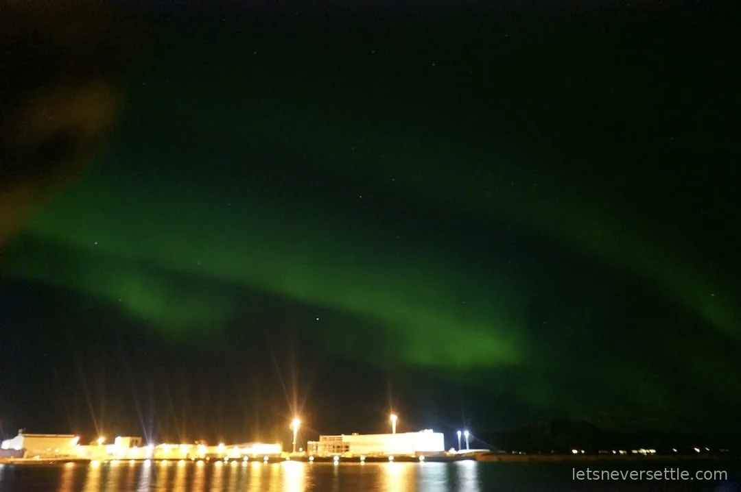 Bands of green aurora borealis over the lights of Reykjavik harbour