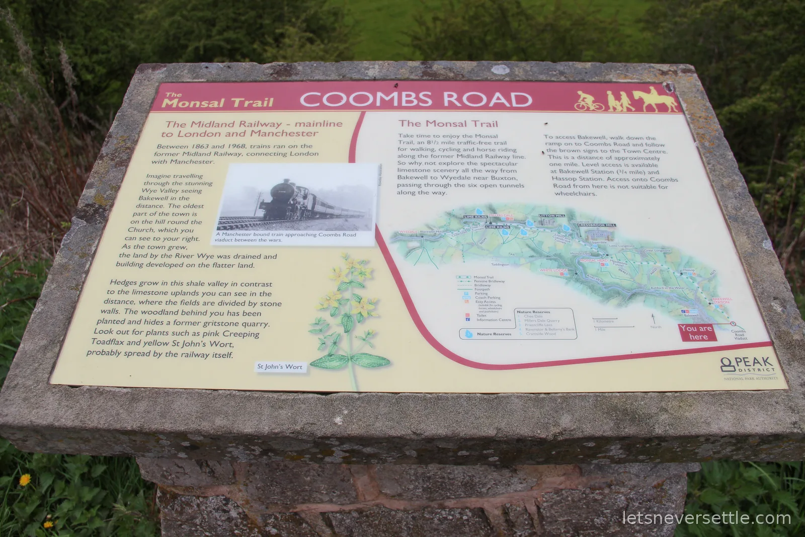 Peak District interpretation board for the Monsal Trail at Coombs Road, with a route map from Bakewell to Wyedale