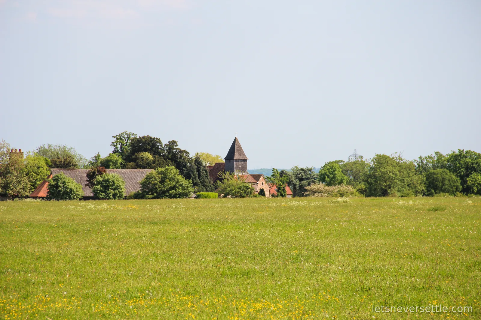 The shingled spire of St Mary's church at Silchester rising above trees and farm roofs, seen across a wide green meadow