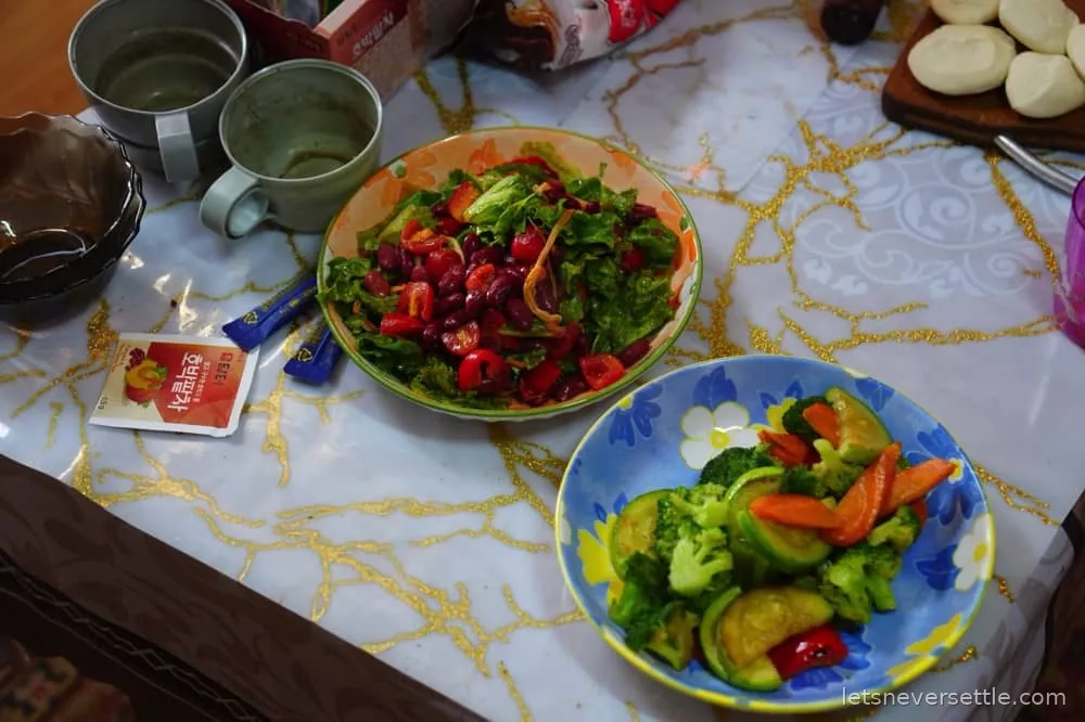 A picnic laid out on a patterned blanket on the Mongolian grassland with bowls of salad, bread and hot drinks