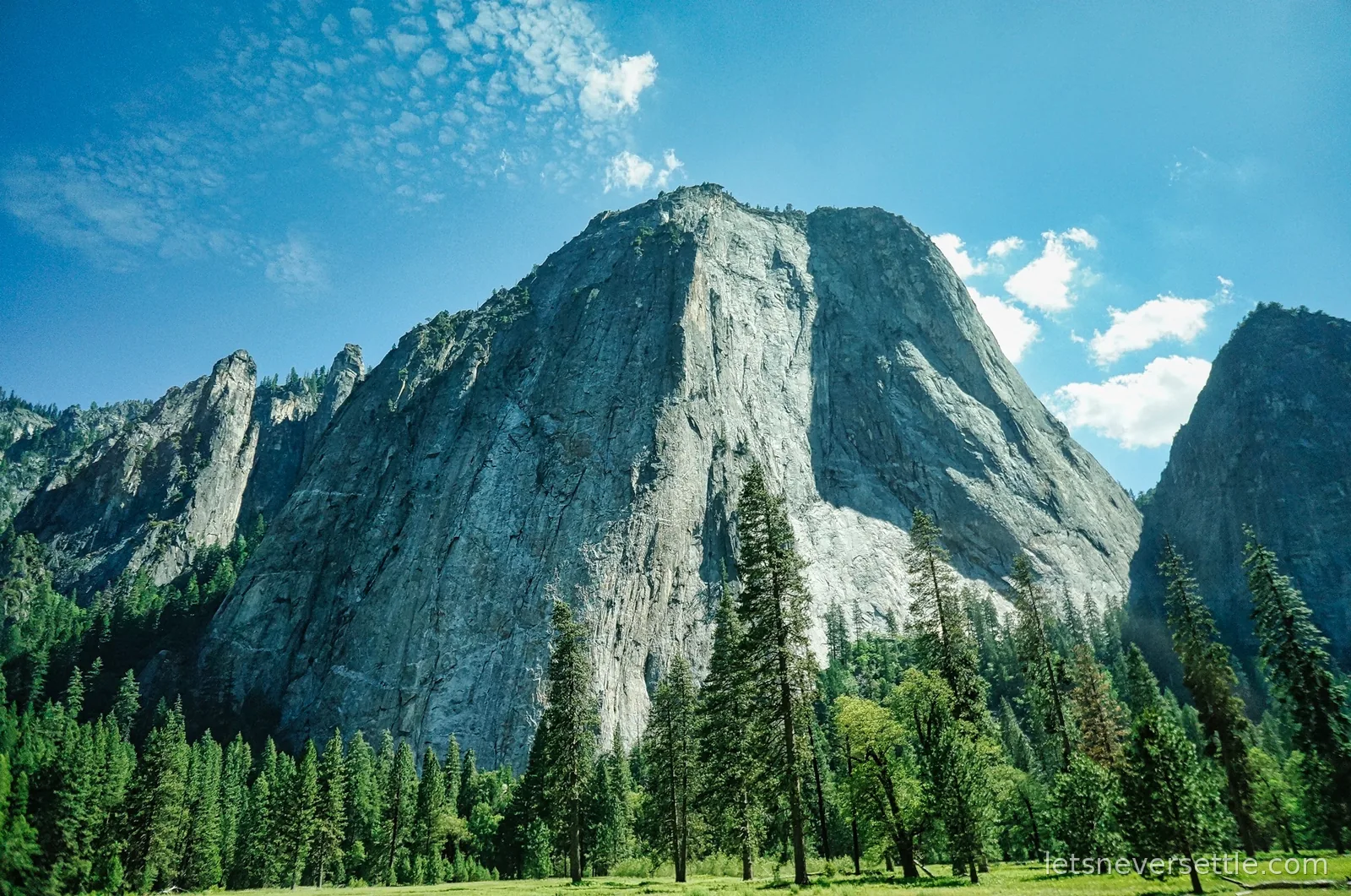 Sheer grey granite walls rising above pine trees and a green meadow on the Yosemite Valley floor